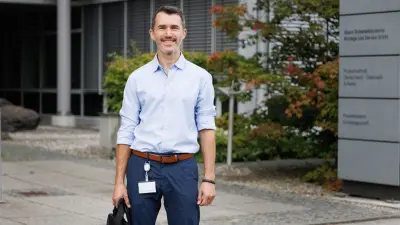 Bosch associate Kajetan Fritz in front of the Bosch building in Grasbrunn near Munich, half figure