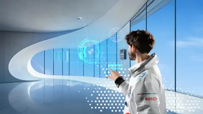 Ein moderner Raum mit einem Brandmelder und einer Brandmeldezentrale. Ein Datanaut mit einem virtuellen digitalen Dashboard symbolisiert den digitalen Brandschutz.