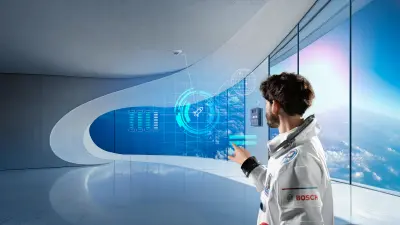 Ein moderner Raum mit einem Brandmelder und einer Brandmeldezentrale. Ein Datanaut mit einem virtuellen digitalen Dashboard symbolisiert den digitalen Brandschutz.