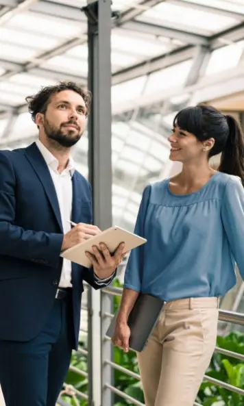 Zwei Personen in einem Gebäude mit Gebäudeautomation