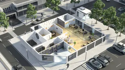 3D-Ansicht einer Bankfiliale von oben, die die Sicherheitstechnik für Banken bei Bosch umfassen.