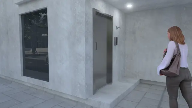 Frau mit Handtasche läuft auf den Personaleingang des Gebäudes der Bank zu.