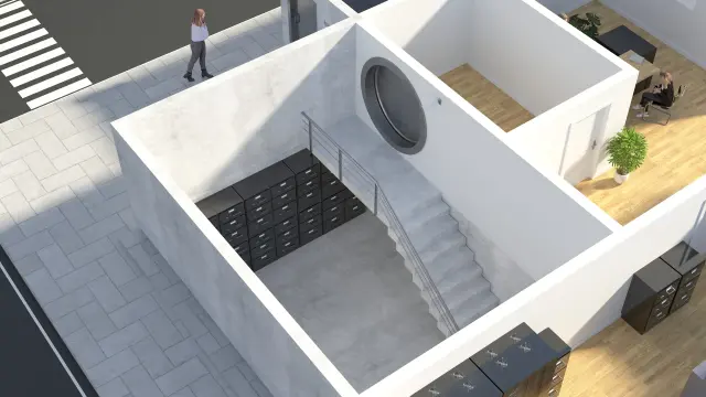 Blick von oben in den Tresorraum der Bank mit zahlreichen Schließfächern im Keller.