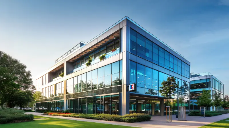 Modernes Bankgebäude mit verspiegelter Glasfassade und EC-Schild