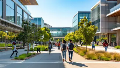 Mehrere Studenten spazieren auf einer Fußgängerstraße eines Campusareals