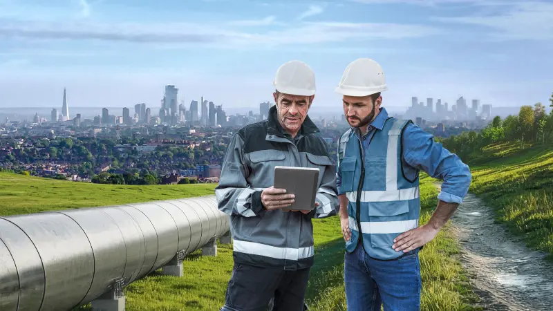 Zwei Techniker besprechen kritische Infrastrukturen auf einem Tablet