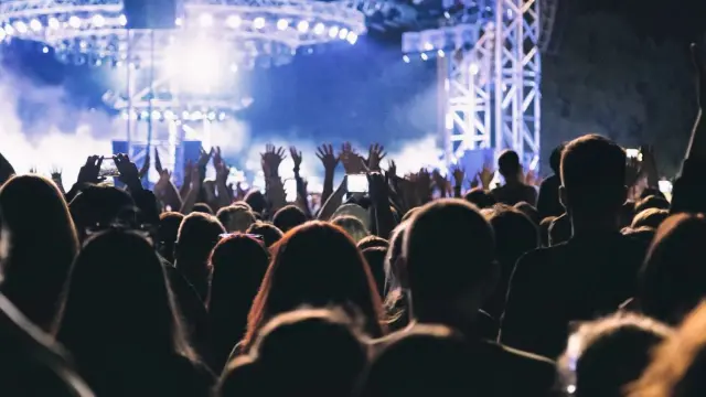 Jubelnde Menschen auf einem Konzert vor Bühne in diffusem Licht
