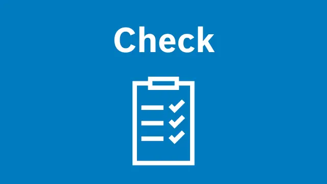 Blaue Fläche mit weißem Schriftzug „Check“ und Icon Klemmbrett mit Liste mit Häkchen