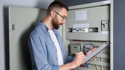 Mann steht vor einem geöffneten Schaltschrank und macht sich Notizen auf seinem Klemmbrett