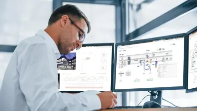 Ein Mann sitzt am Schreibtisch und betrachtet die Gebäudeautomation per Anlagenmonitoring