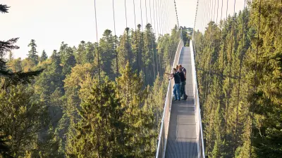 Hängebrücke mit Menschen über Waldgebiet.