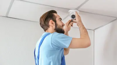 Dunkelhaariger Mann im Blaumann-Anzug montiert eine Kamera für die Videoüberwachung an die Decke.