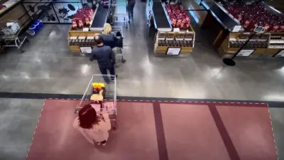 Videoüberwachung eines Kassenbereichs im Supermarkt zum Warteschlangenmanagement.