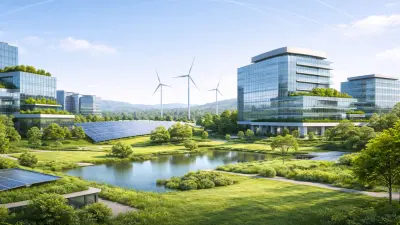 Landschaft mit futuristischen Gebäuden und grüner Energie