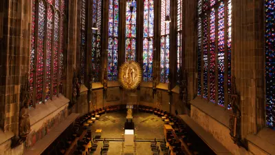 View of the Barbarossa chandelier in Aachen Cathedral, interior view