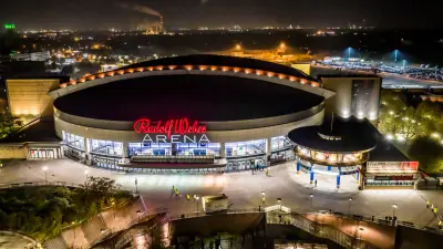 Exterior view of the Rudolf-Weber-Arena Oberhausen, Germany, aerial view, night shot