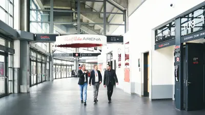 Mirco Markfort and Woflgang Kirschniok from the Rudolf Weber-Arena Oberhausen with Christian Wichert from Bosch, around the arena, interior view