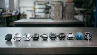Aufgereihte Tankdeckel verschiedener Marken