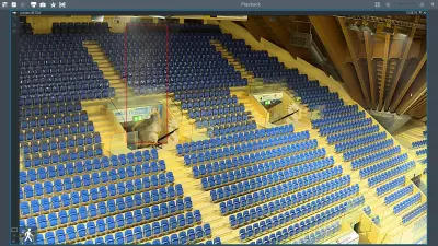 Desktop surface of the AVIOTEC control system during a test with smoke development in the Davos ice rink, view of the empty spectator stands