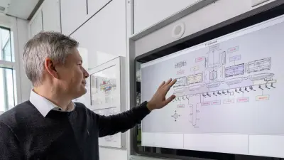 Michael Huck operates the firefighting tableau.