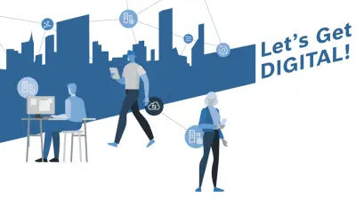 Illustration, people in front of digital and networked buildings