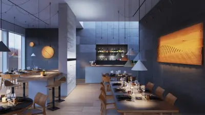 a restaurant with set tables and different lighting scenarios.