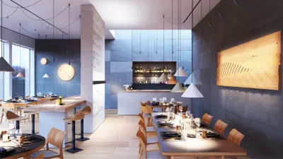 a restaurant with set tables and different lighting scenarios.