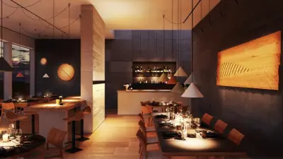 a restaurant with set tables and different lighting scenarios.