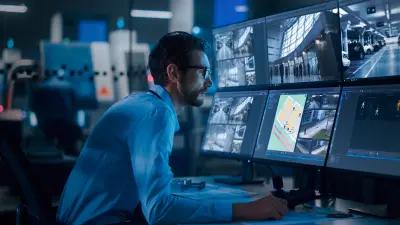 Employee monitors video sequences on multiple monitors