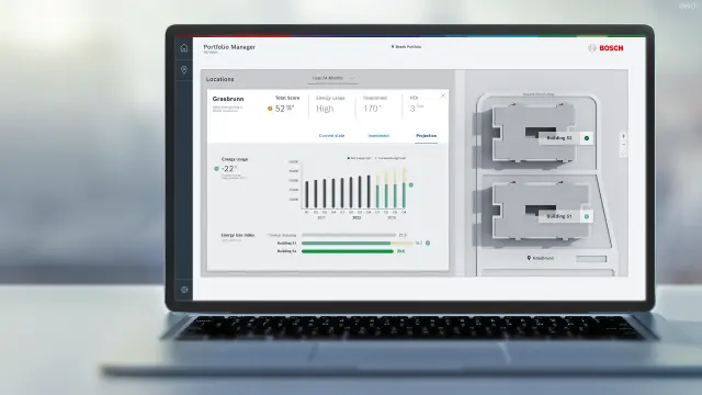 Laptop with desktop view, building management with time series and forecasts