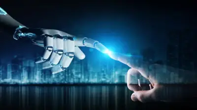 A robotic hand with fingers touching a human hand, showcasing the "collaboration & Synergies" between human and Robotics. 