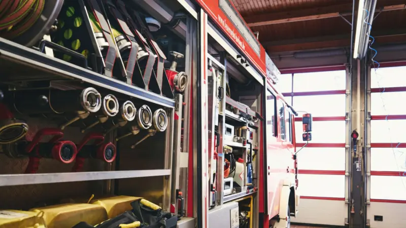 Feuerwehrfahrzeug mit Gerätschaft und installiertem Mobilfunkrauchmelder