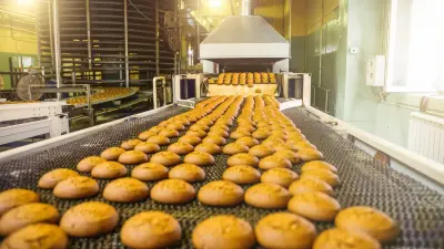 Long conveyor belt with many cooking coming out of a huge industrial oven