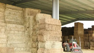 Large half-open hay storage with hundreds of straw bales