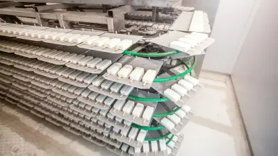 ice lollies stacked on racks in a production environment