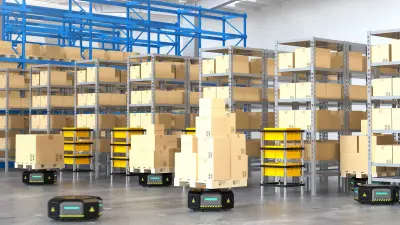 warehouse with high shelves and a forklift in the aisle