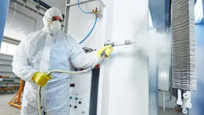 Man in protective suit working with harmful gas