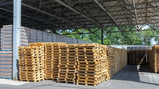 Palettes in open storage area