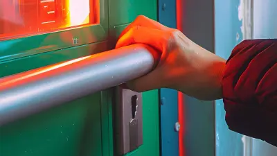 Hand on a door with fire behind it