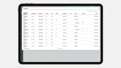 The screen of a tablet showing the automatic documentation of service visits, spot checks, and system status by NEXOSPACE Fire System Explorer