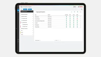 The screen of a tablet with information on the status of fire alarm systems provided by NEXOSPACE Fire System Explorer